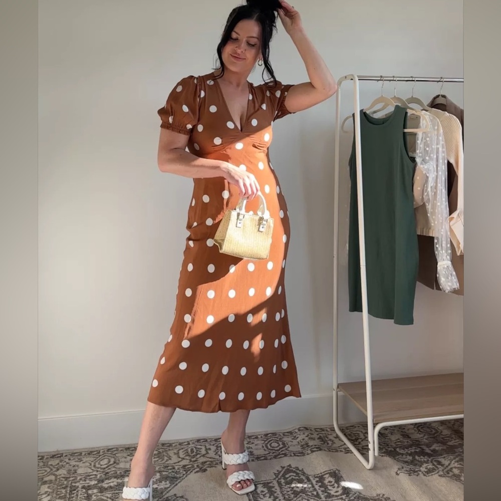 Target A New Day Crepe Midi Puff Sleeve Rust Polka Dot Dress